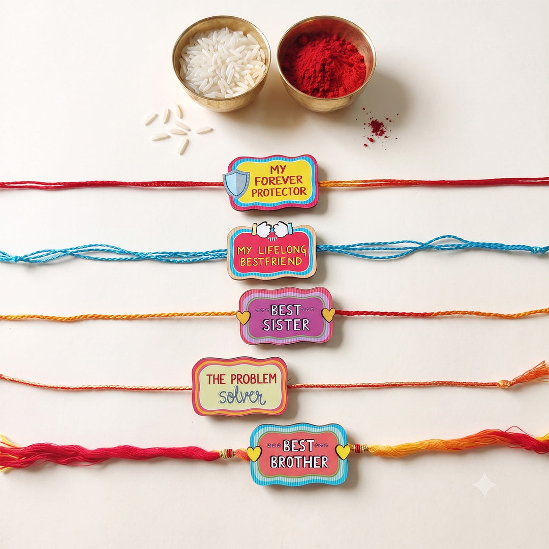 Glossy Printed Wooden Assorted Rakhi Combo With Kumkum Rice | Set of 5