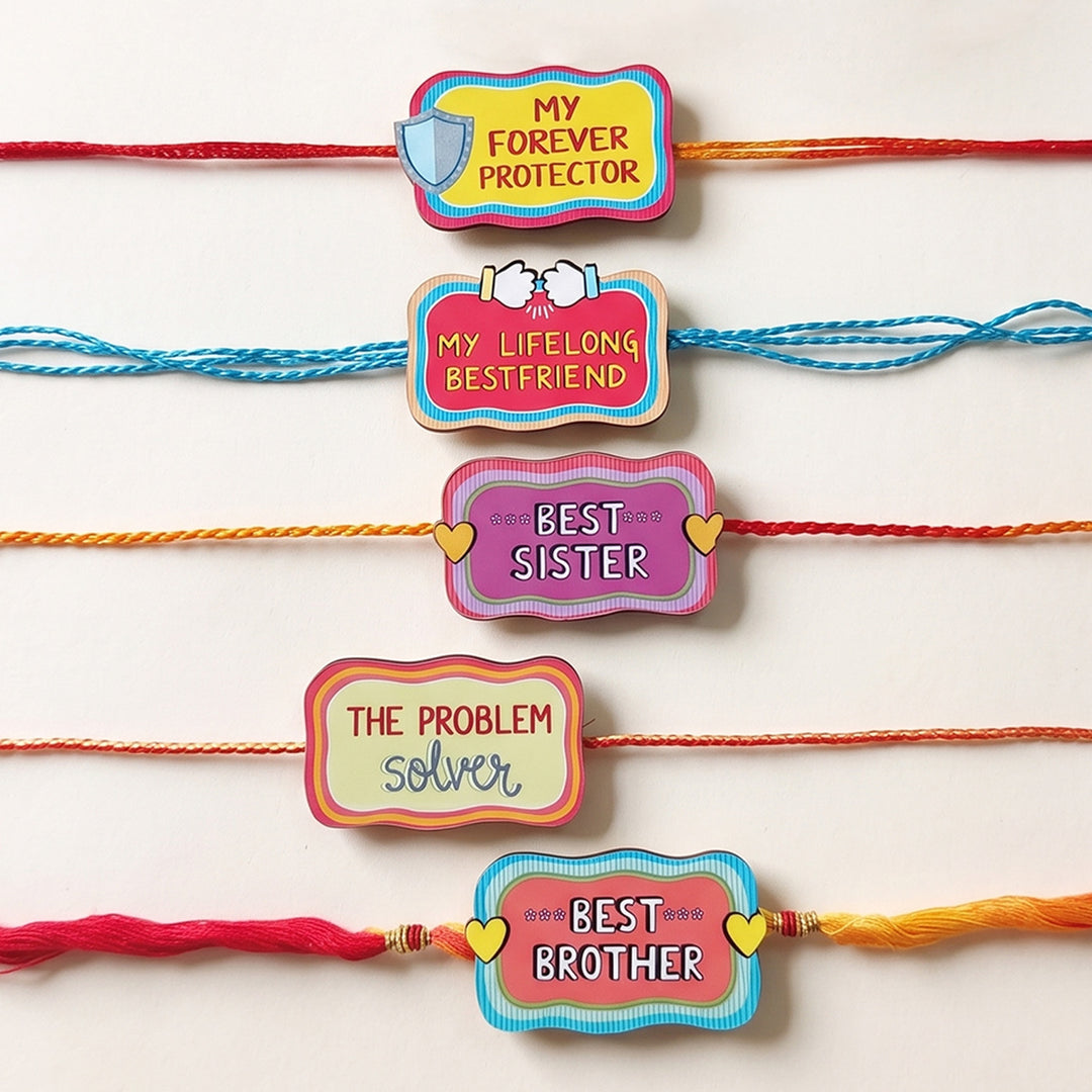 Glossy Printed Wooden Assorted Rakhi Combo With Kumkum Rice | Set of 5