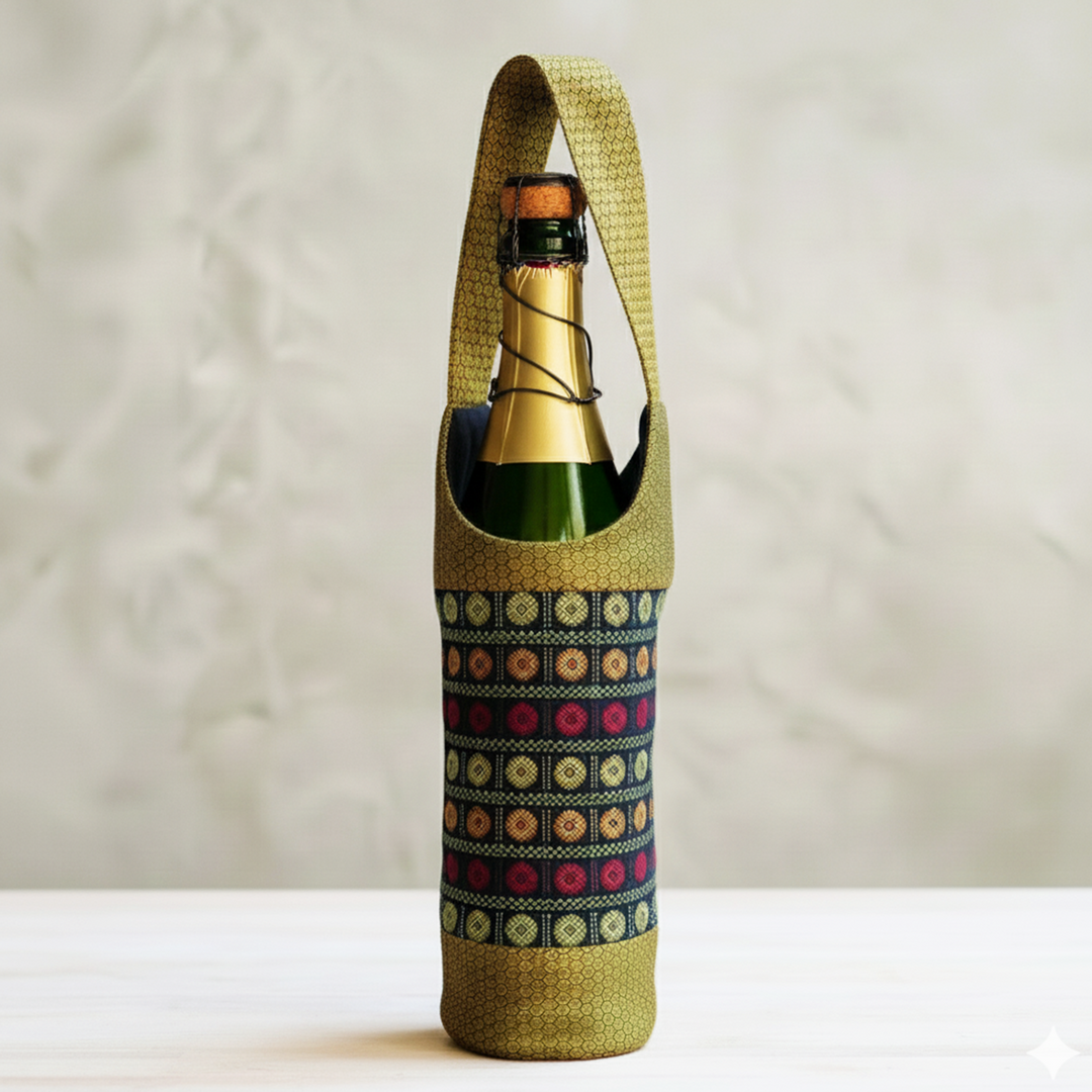 Handmade Gold And Multicolor Floral Khunn Fabric Cotton Bottle Holder
