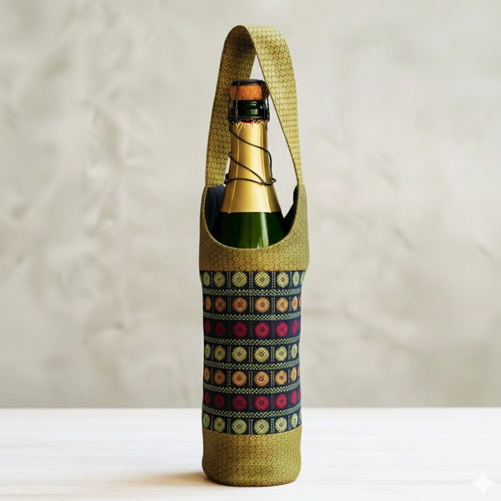 Handmade Gold And Multicolor Floral Khunn Fabric Cotton Bottle Holder