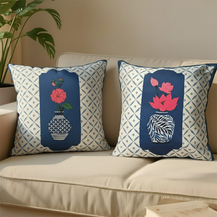 16 Inch | Printed Lotus Blue Pottery Cushion Cover