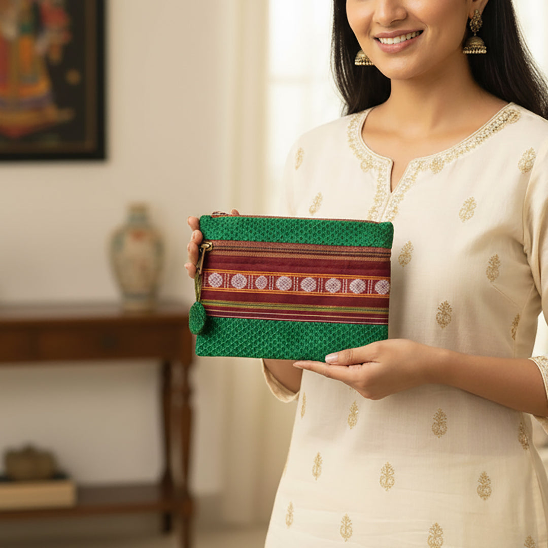 Assorted Cotton Khunn Purse With Floral Charm | Set Of 4