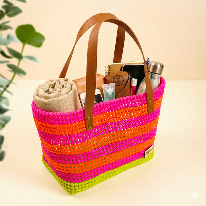Pink With Green Bottom Mukhya Knot Handmade Koodai Beach Bag