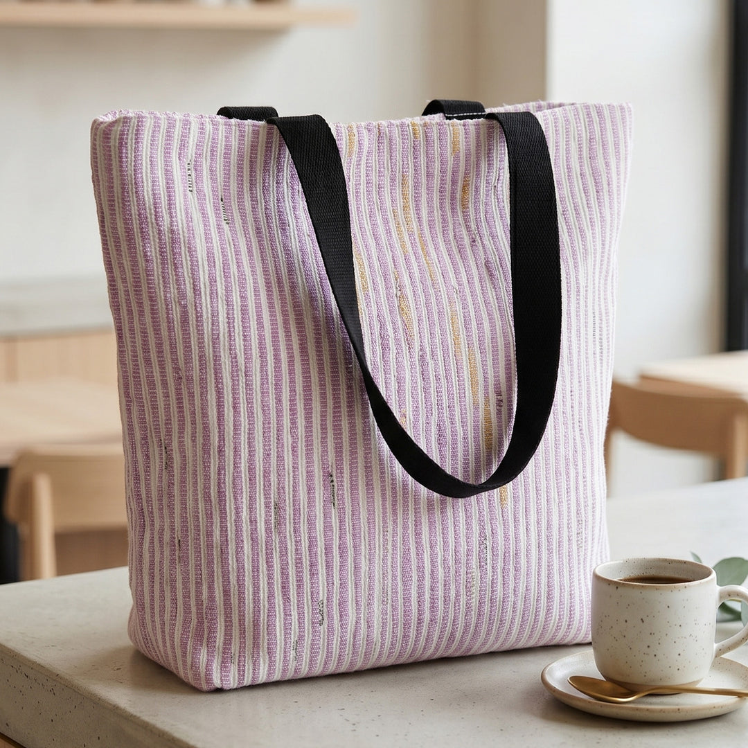 Pink and White Striped Upcycled Plastic Handcrafted Classic Tote Bag For Everyday Use