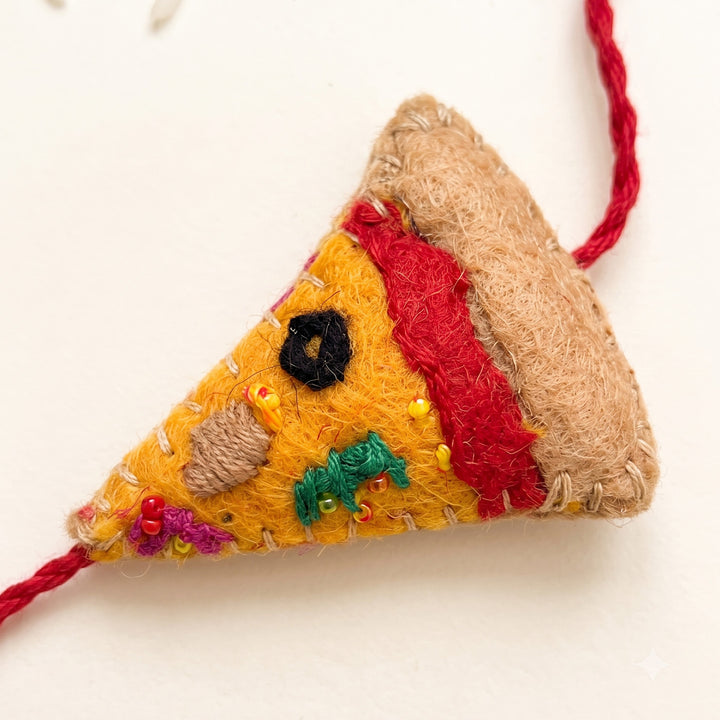 Hand Embroidered Pizza Rakhi With Magnet For Brother
