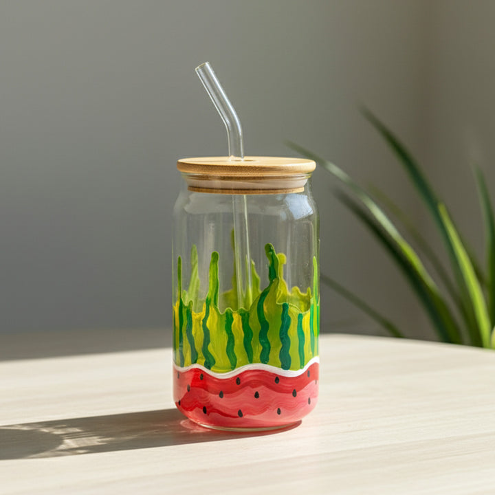 Hand-Painted Melon Mood Glass Tumbler With Straw