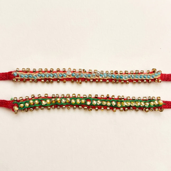 2 Pc | Hand Embroidered Beaded Chain Rakhis With Roli Chawal For Brother
