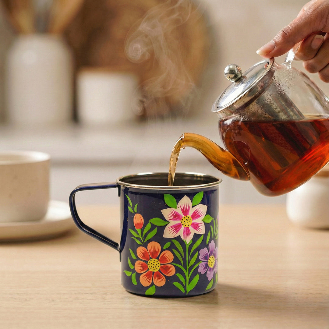 Hand-Painted Blue Floral Kashmiri Art Stainless Steel Mug