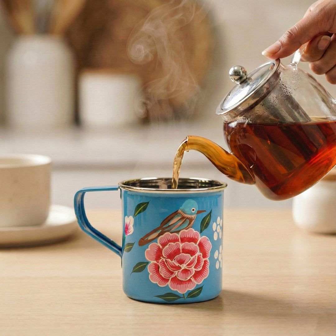 Hand-Painted Blue Bird & Floral Kashmiri Art Stainless Steel Mug