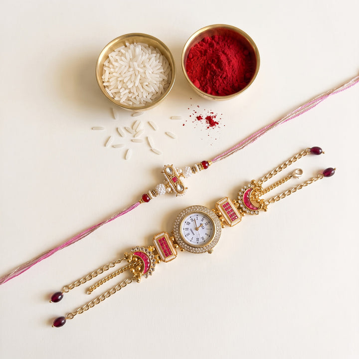 Kashmiri Kundan Watch Bhaiya Bhabhi Rakhi Set With Roli Chawal | Set of 2