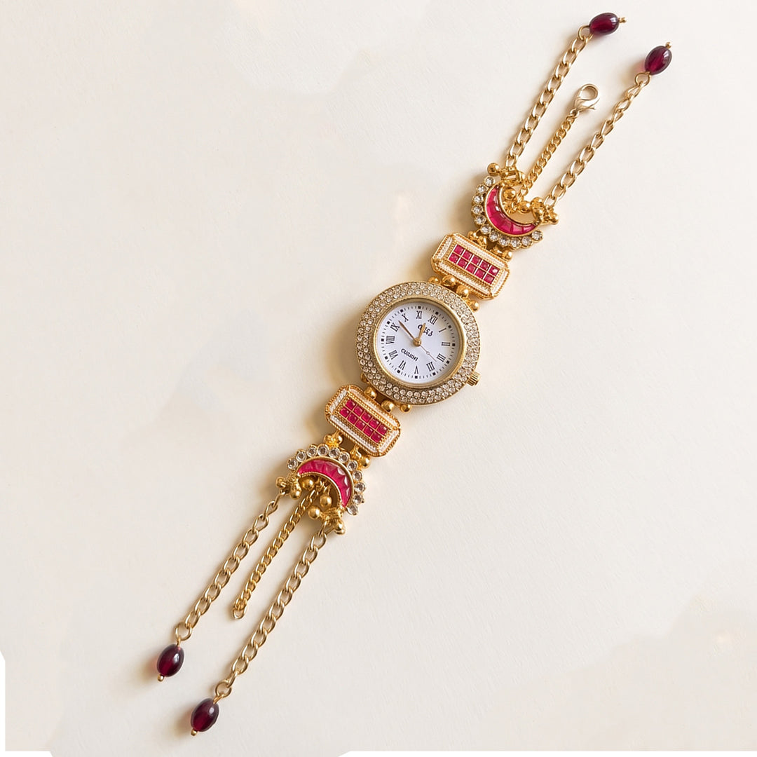Kashmiri Kundan Watch Bhaiya Bhabhi Rakhi Set With Roli Chawal | Set of 2