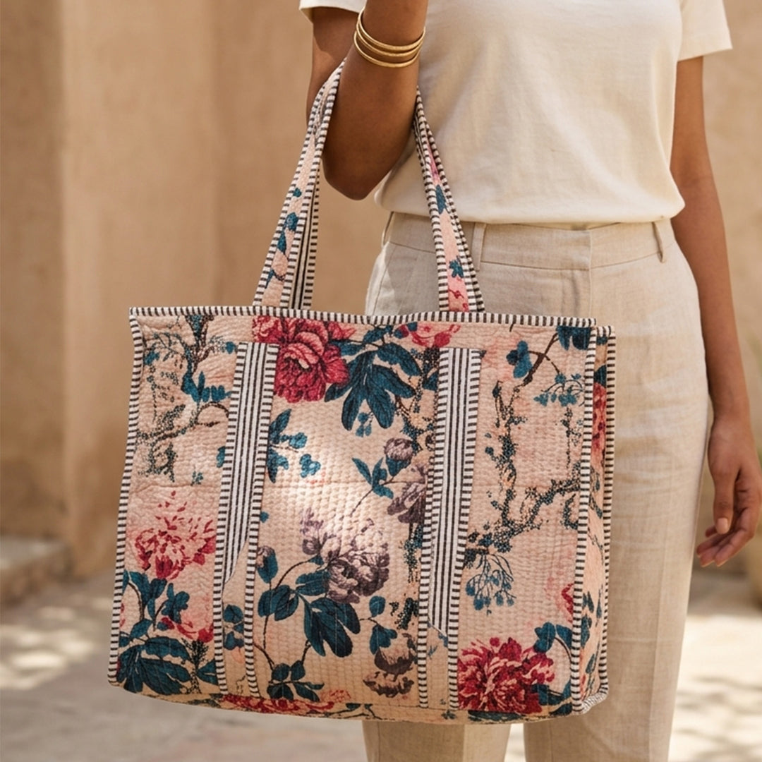 Handmade Botanic Bae Beige Cotton Tote Bag