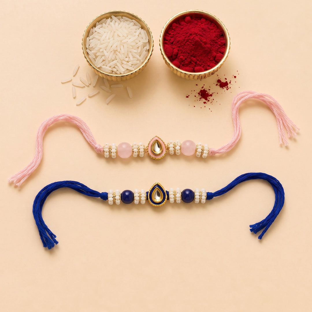 Reusable Pearl Drop Couple Rakhi With Roli Chawal For Brother | Set of 2