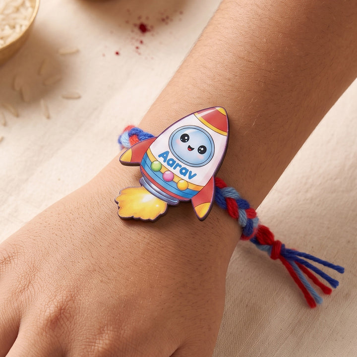 Personalized Reusable Spaceship MDF Wood Rakhi With Roli Chawal