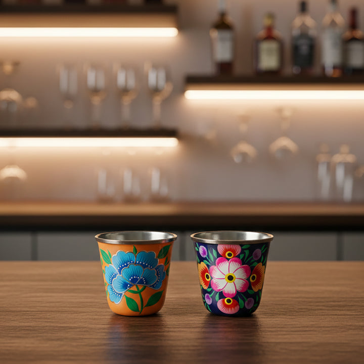 2Pc | Hand-Painted Floral Kashmiri Art Stainless Steel Shot Glasses