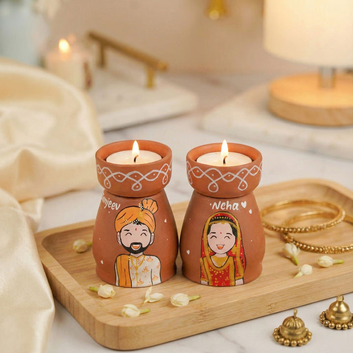 2 Pc | Rajasthani Couple Personalized Handpainted Terracotta Tealight Holder