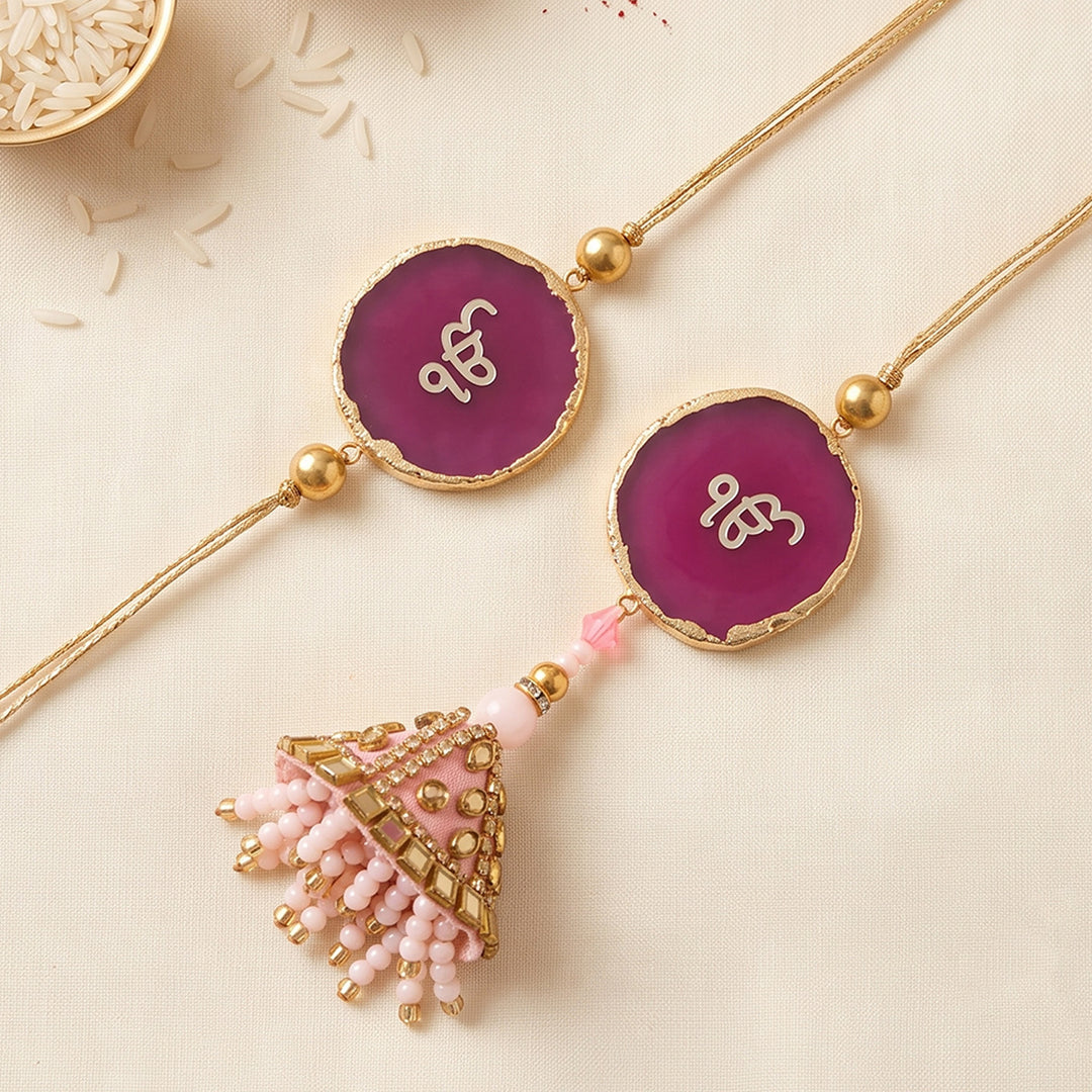 Handmade "Ik Onkar" Pink Premium Agate Bhaiya Bhabhi Couple Rakhi And Lumba Set With Roli Chawal, Nariyal And Gift Box | Set of 2