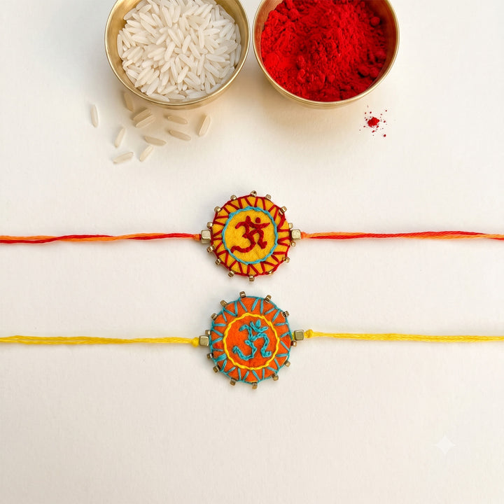 2 Pc | Hand Embroidered Aum Mandala Rakhis With Roli Chawal For Brother