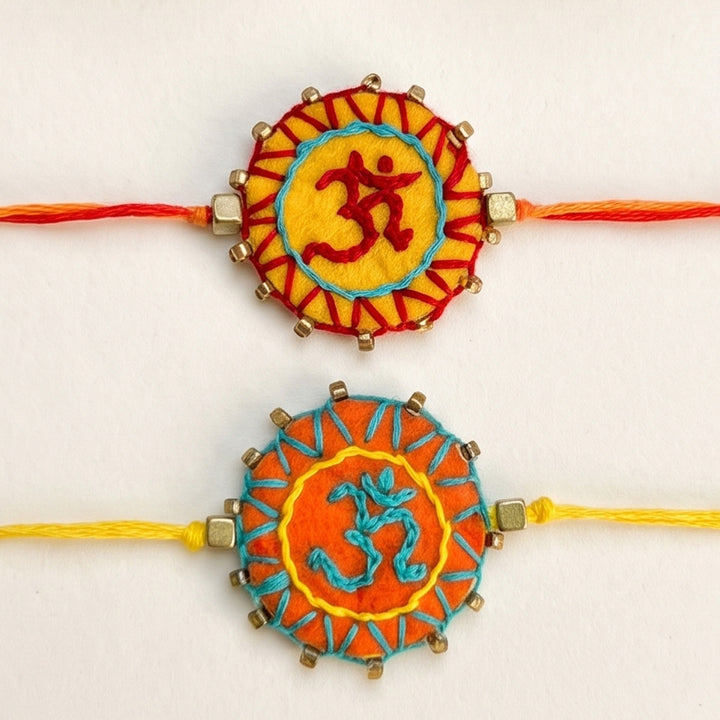 2 Pc | Hand Embroidered Aum Mandala Rakhis With Roli Chawal For Brother