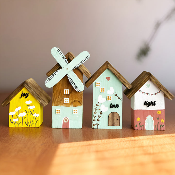 4 pc | Joy, Love & Light Handcrafted Miniature Wooden Houses