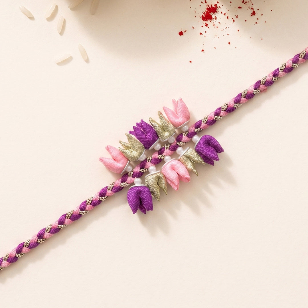 Handmade Dual-Tier Tulip Bud & Pearl Silk Fabric Rakhi For Brother With Roli Chawal