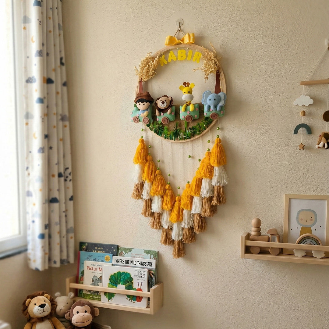 Personalized Jungle Train Theme Kids Name Plate With Tassels