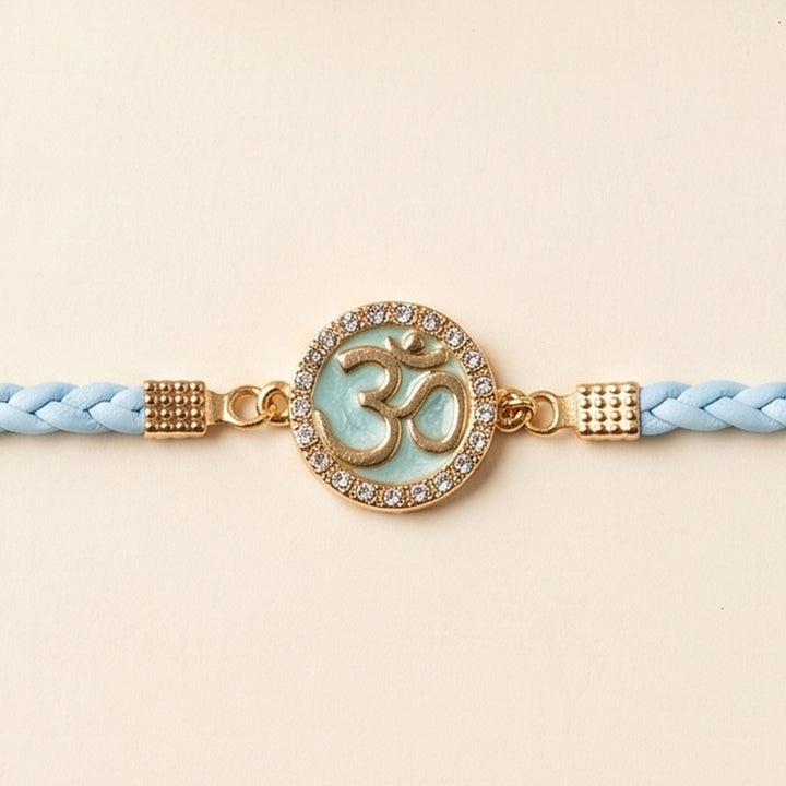Reusable Handmade Om Charm - Blue Leather & Acrylic Band Rakhi With Roli Chawal For Brother