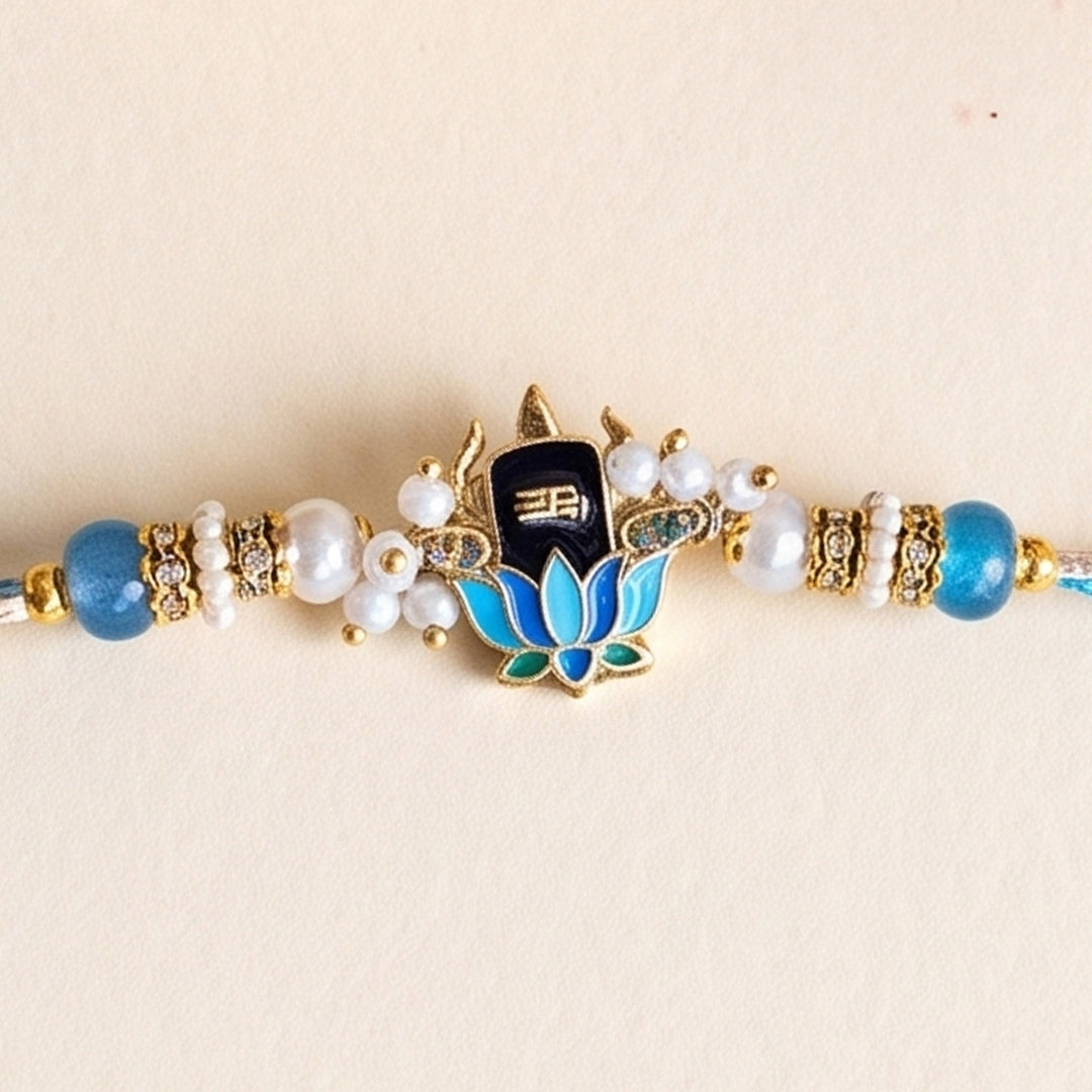 Lotus Shiv Motif Kundan Rakhi For Brother With Roli Chawal