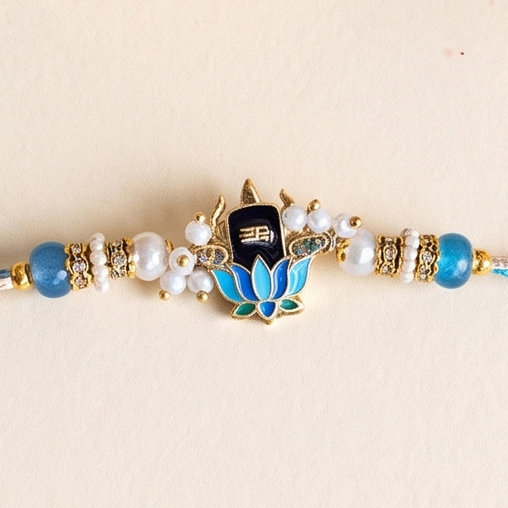Lotus Shiv Motif Kundan Rakhi For Brother With Roli Chawal