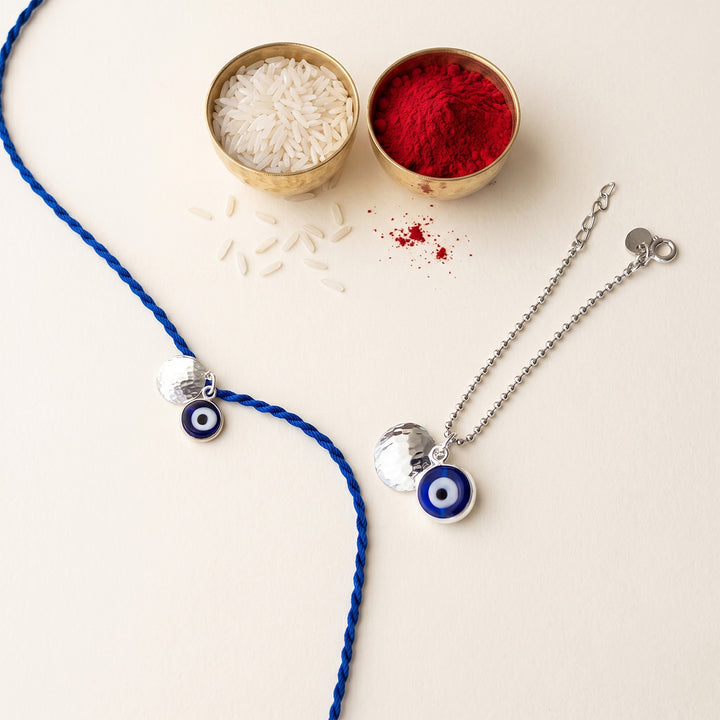 Evil Eye Sterling Silver Rakhi & Lumba Set With Roli Chawal For Bhaiya Bhabhi | Set of 2