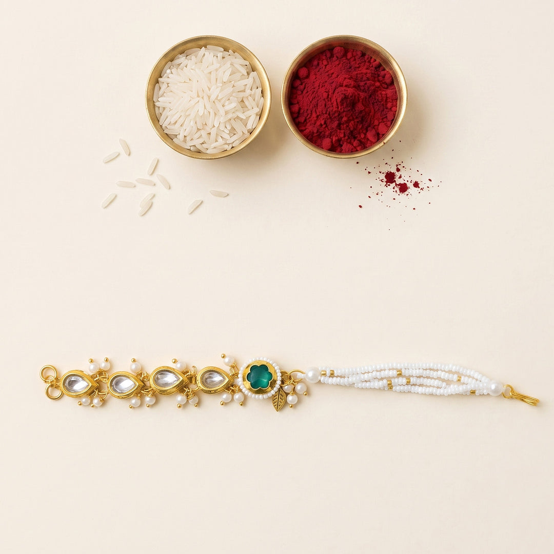 Reusable Emerald Pearl Bracelet Rakhi With Roli Chawal For Sister/Bhabhi