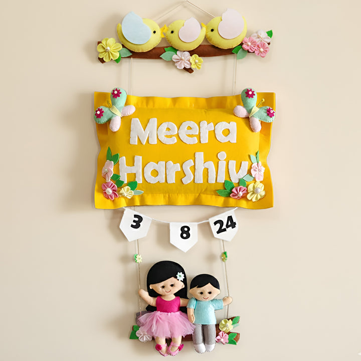 Hand-stitched Pillow & Bird Themed Felt Kids Nameplate with Swing For Siblings