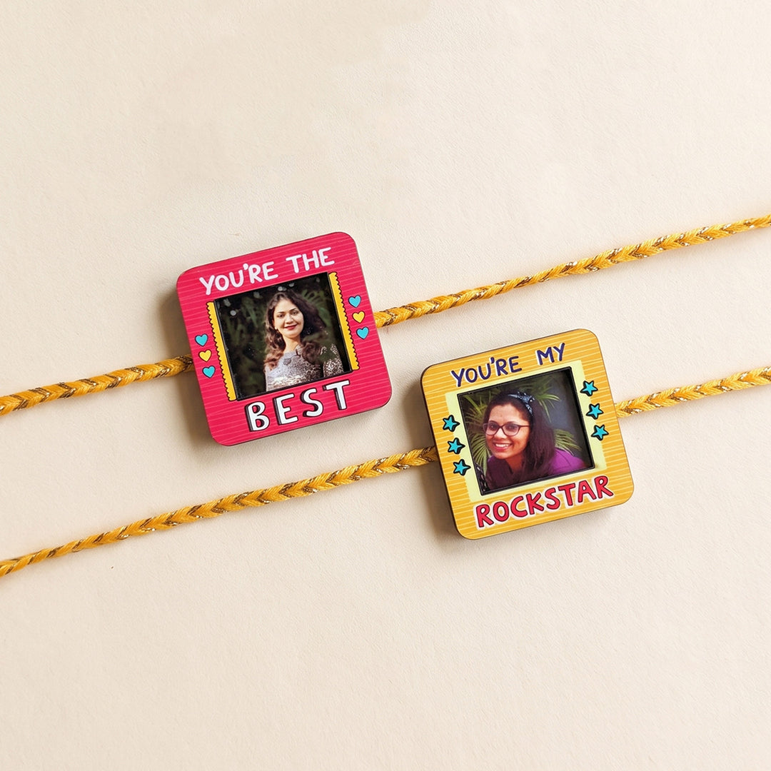 Photo Personalized Magnetic Printed Wooden Rakhi Combo With Kumkum Rice | Reusable As Fridge Magnets | Set of 2