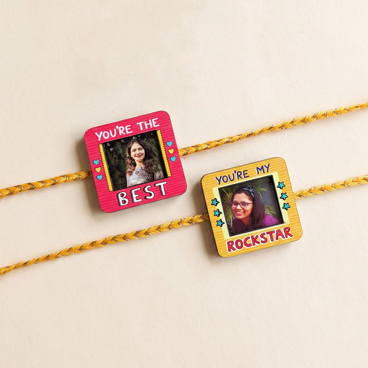 Photo Personalized Magnetic Printed Wooden Rakhi Combo With Kumkum Rice | Reusable As Fridge Magnets | Set of 2