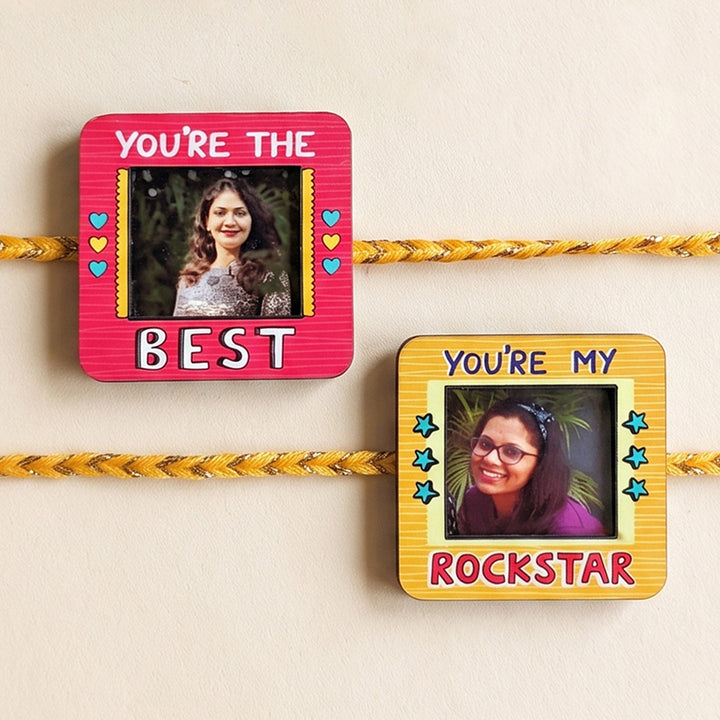 Photo Personalized Magnetic Printed Wooden Rakhi Combo With Kumkum Rice | Reusable As Fridge Magnets | Set of 2