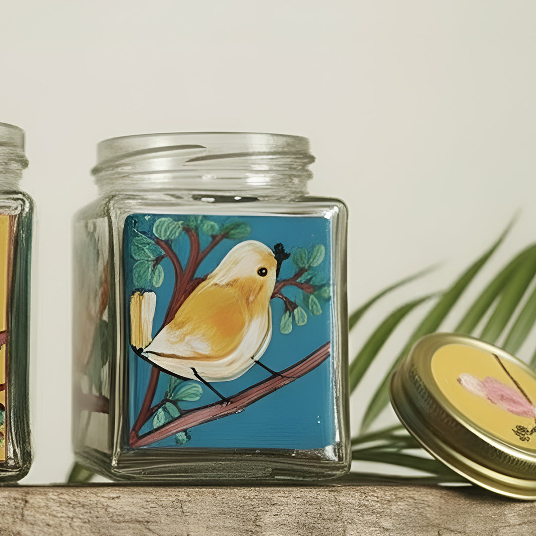 Hand-Painted Sparrow Glass Storage Container
