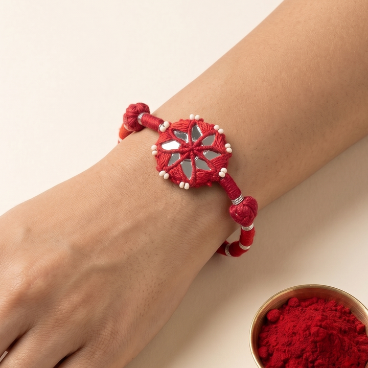 Handmade Mirror Work Patwa Rani Pink Cotton Rakhi With Roli Chawal