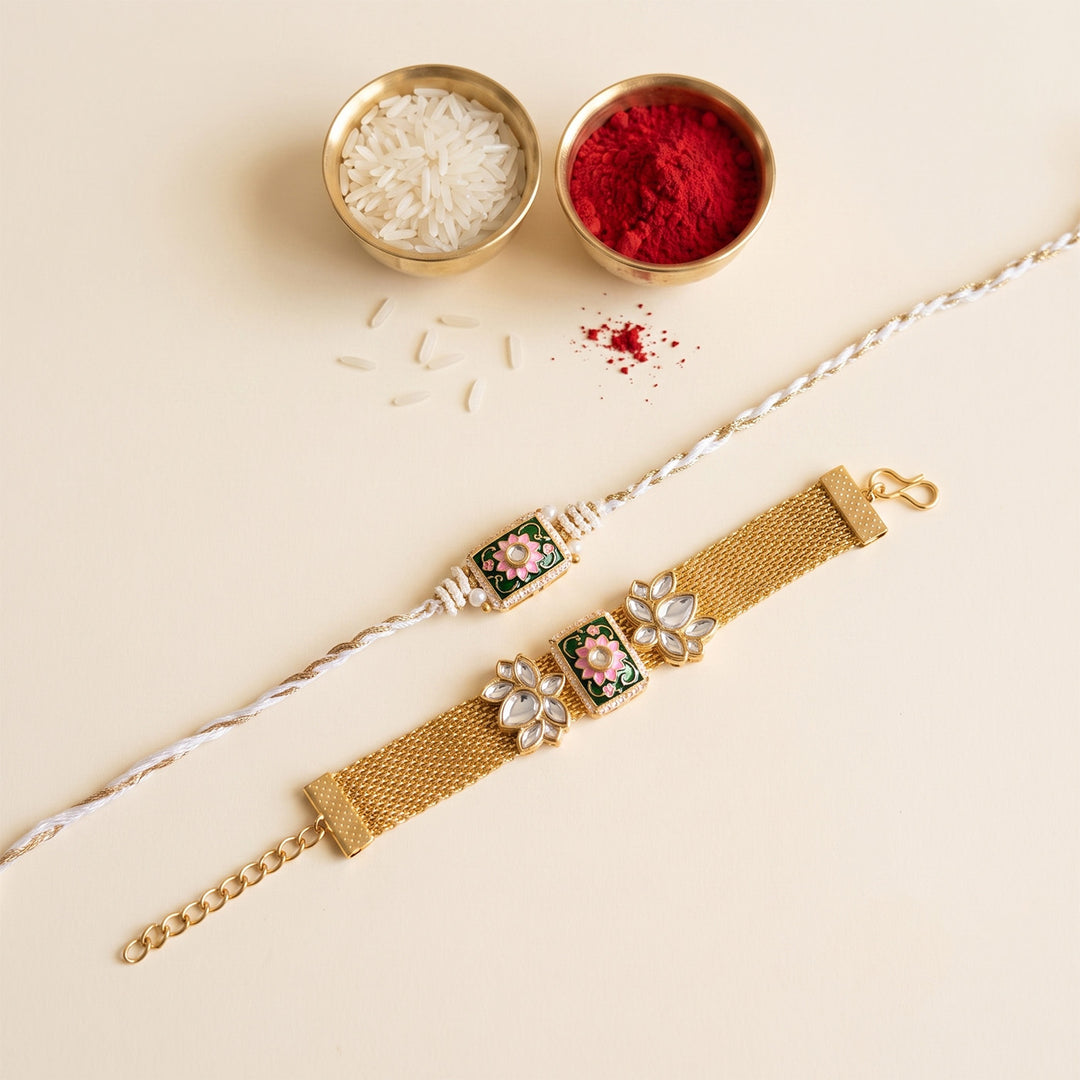 Green Meenakari Bhaiya Bhabhi Couple Rakhi Set With Roli Chawal | Set of 2