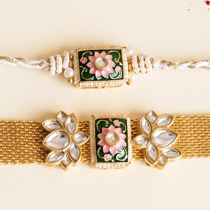 Green Meenakari Bhaiya Bhabhi Couple Rakhi Set With Roli Chawal | Set of 2
