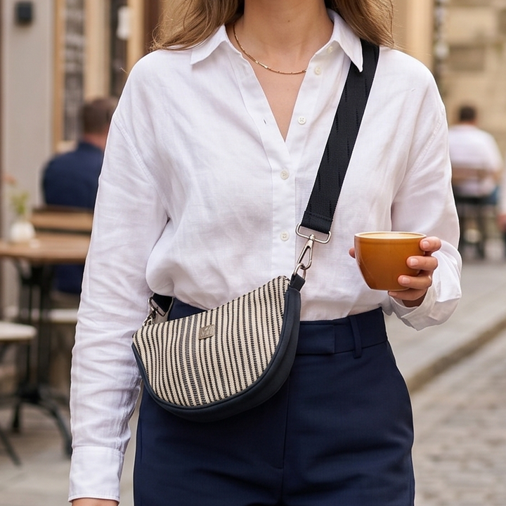 White and Black Striped Upcycled Plastic Handcrafted Mini Curve Sling Bag