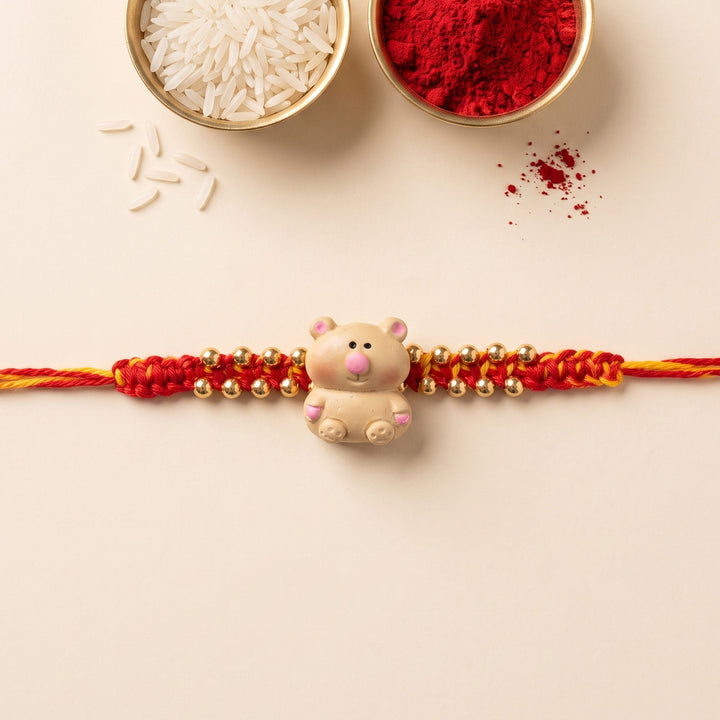 Handmade Teddy Bear Charm Polymer Clay Rakhi With Roli Chawal For Kids