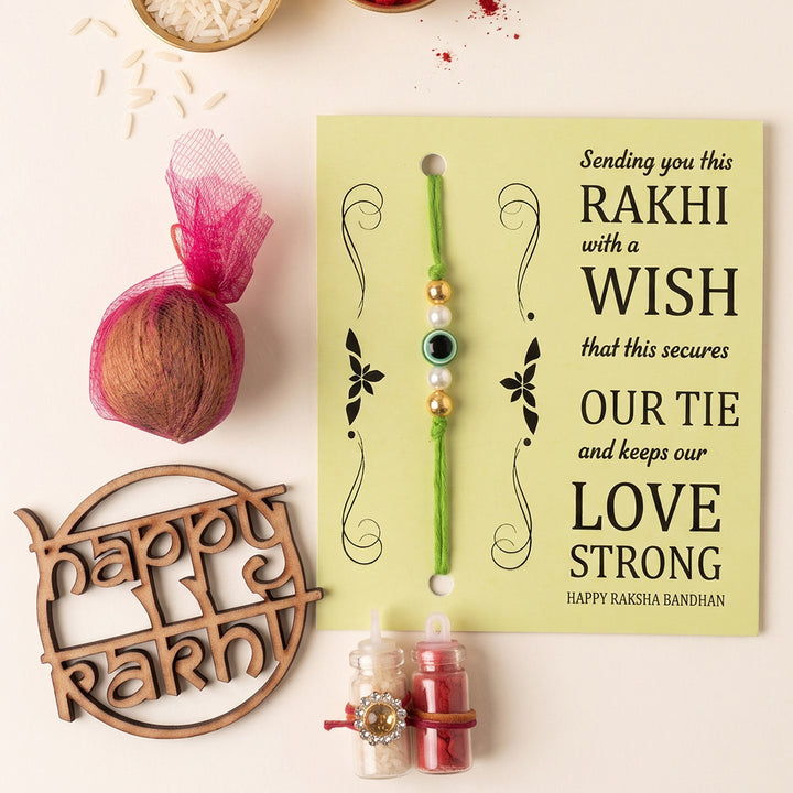 Handmade Evil Eye Green Premium Agate Rakhi With Roli Chawal, Nariyal And Gift Box For Brother
