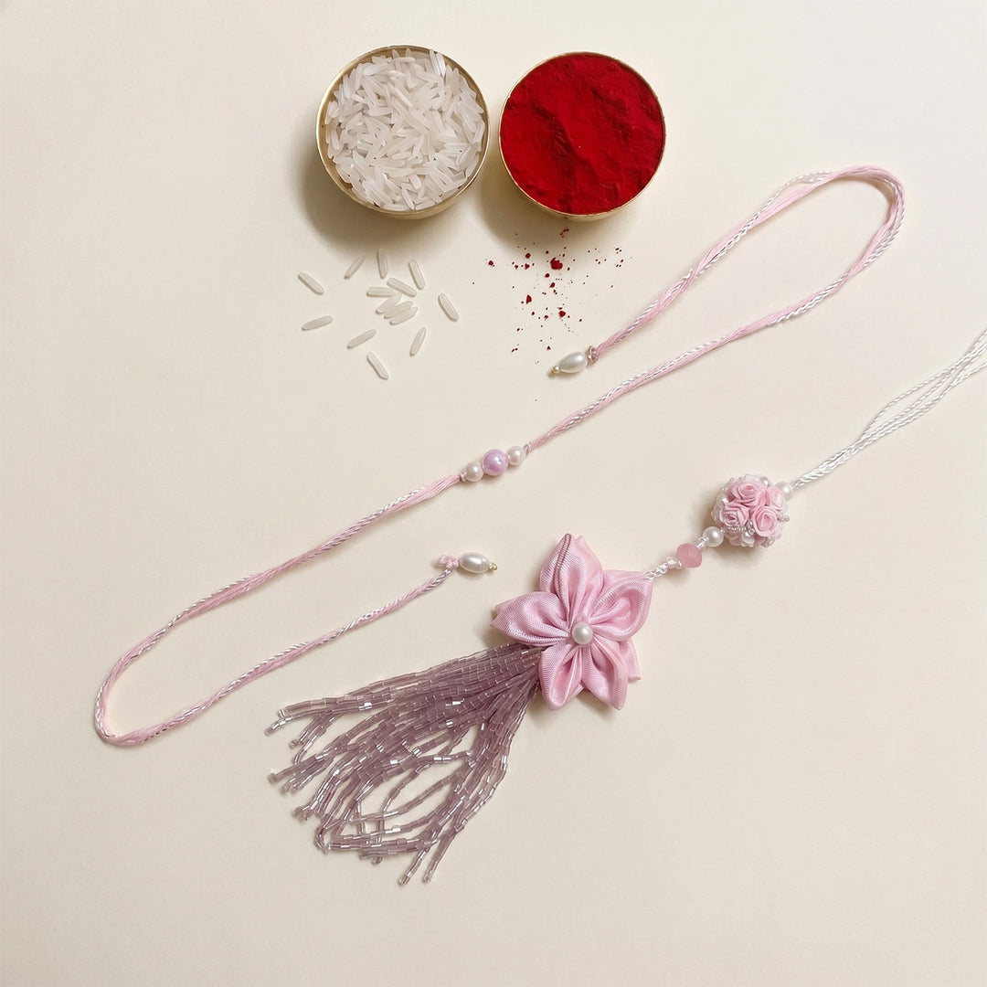 Handmade Floral theme Guldasta Couple Rakhi Lumba Set With Roli Chawal For Bhaiya Bhabhi