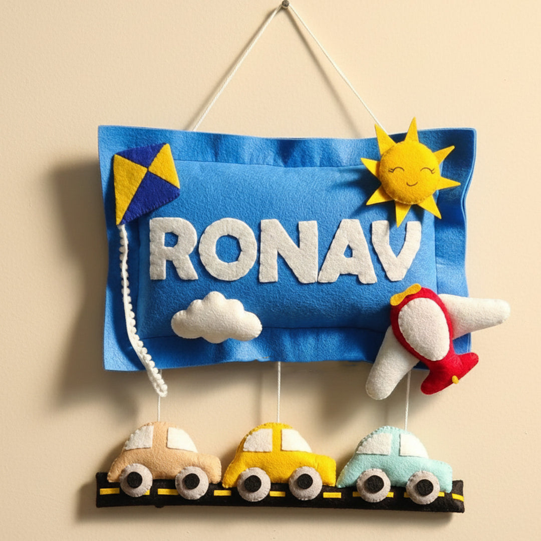 Hand-stitched Car Themed Pillow Felt Kids Name Plate for Boys