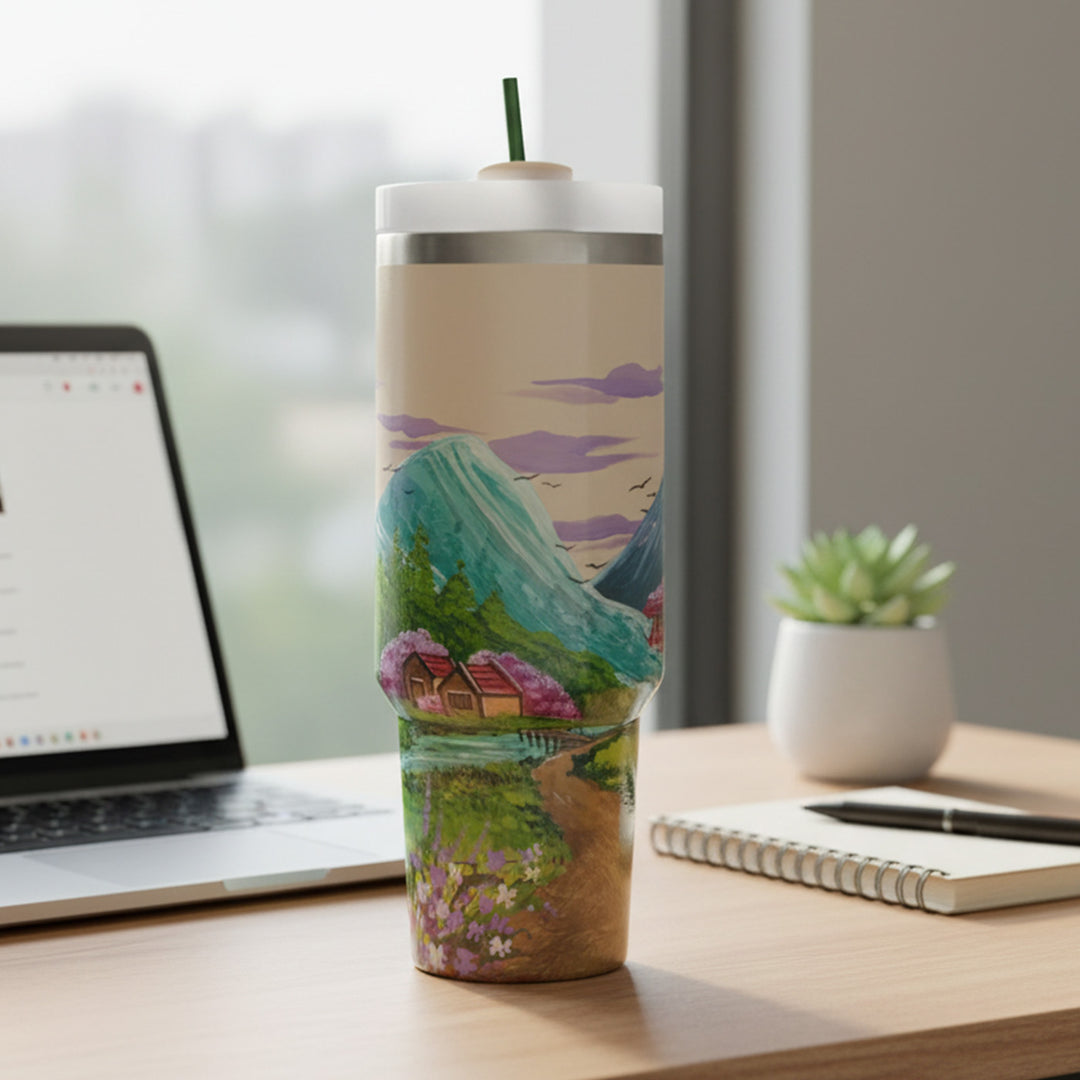 Hand-Painted Countryside Canvas Insulated Sipper