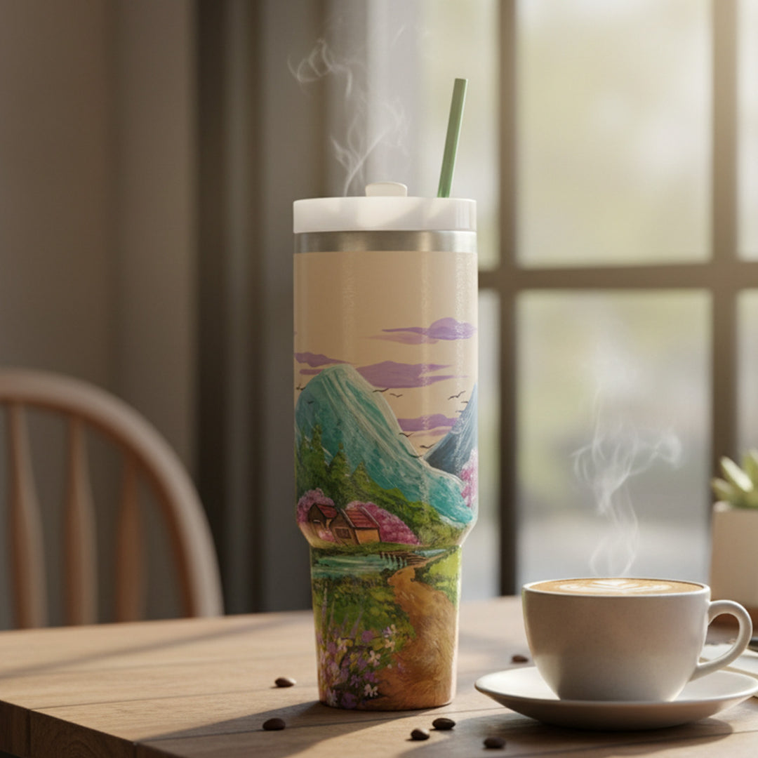 Hand-Painted Countryside Canvas Insulated Sipper