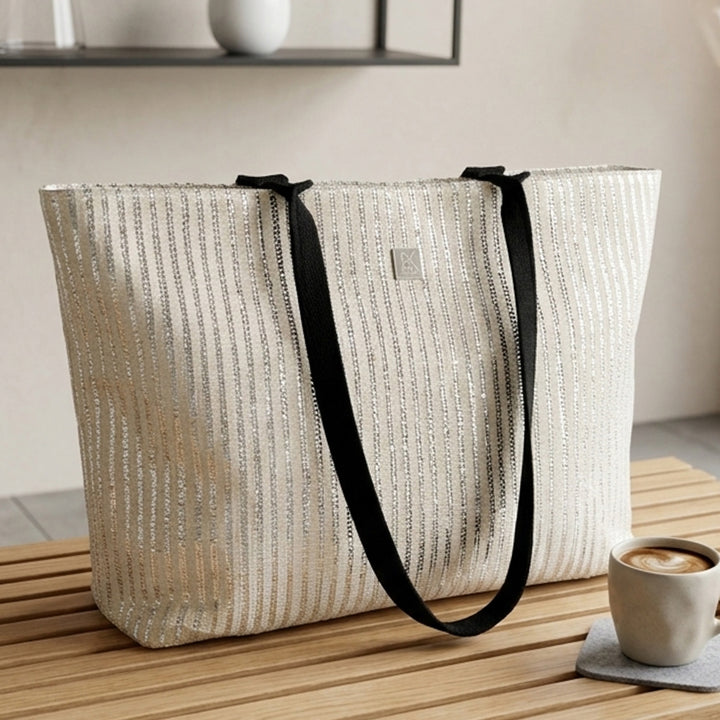 Handcrafted Striped Upcycled Plastic 14" Office Tote Bag
