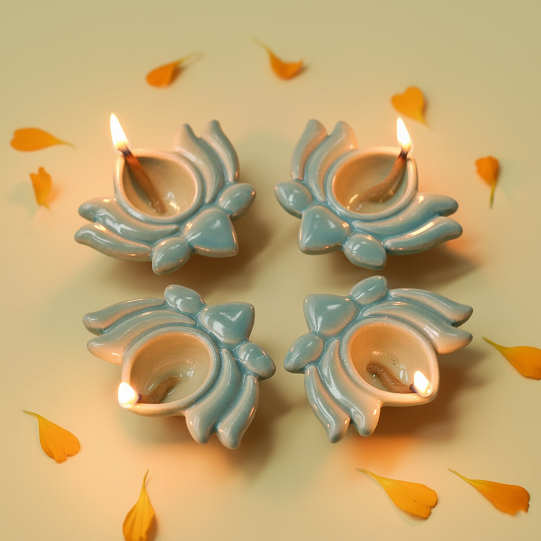 Set Of 4 | Handmade Orange Lotus Design Ceramic Oil Lamp / Diya