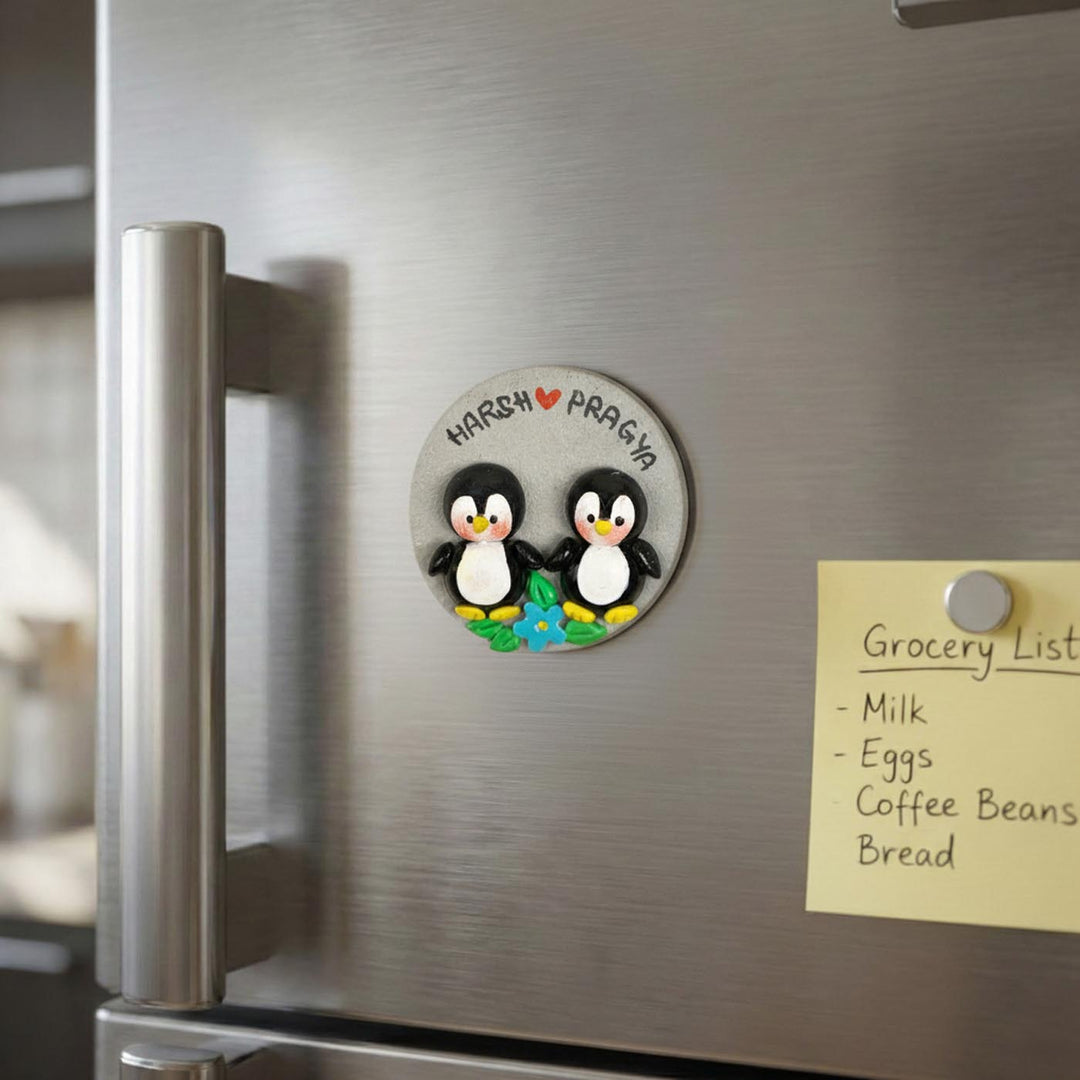 Penguins Couple Personalized Handmade Polymer Clay Round Fridge Magents