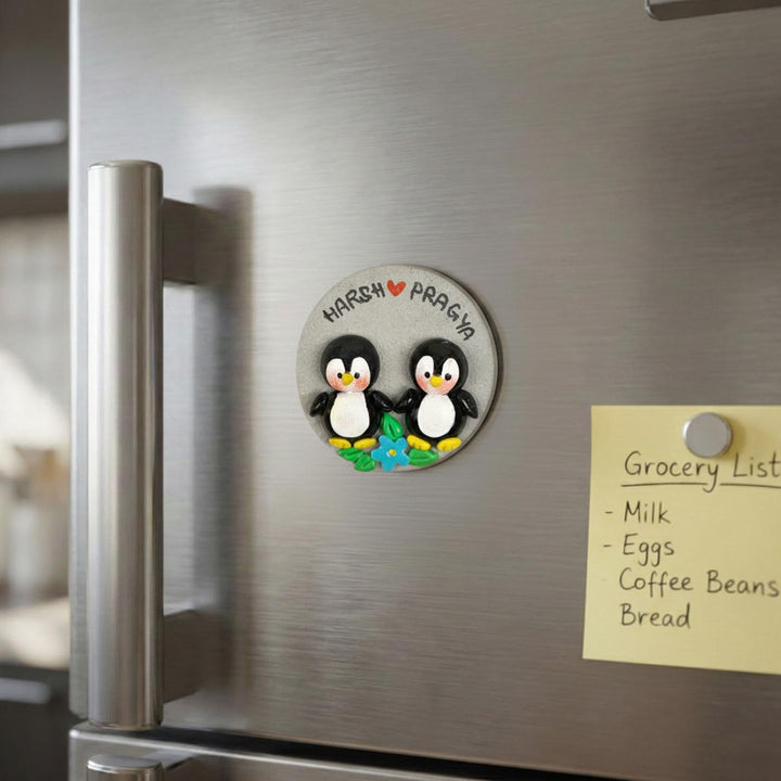 Penguins Couple Personalized Handmade Polymer Clay Round Fridge Magents